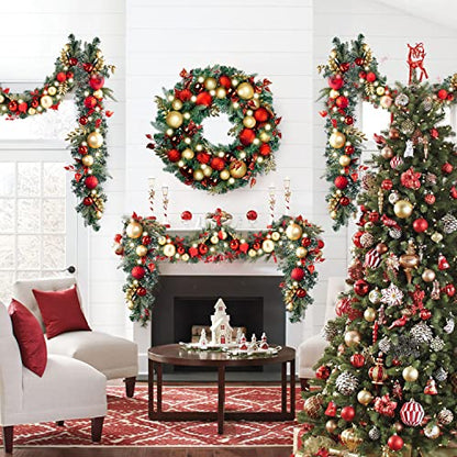 Pre-Lit Christmas Wreath and Garland with 50 LED Lights Red Gold Theme