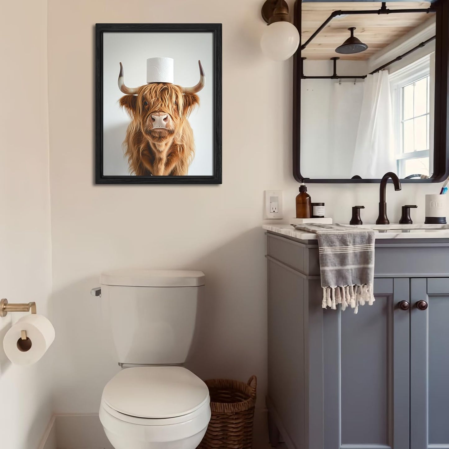 ZXDZSM Highland Cow Wall Art - Funny Rustic Bathroom Decor Canvas Print | 12x16 Inch Framed