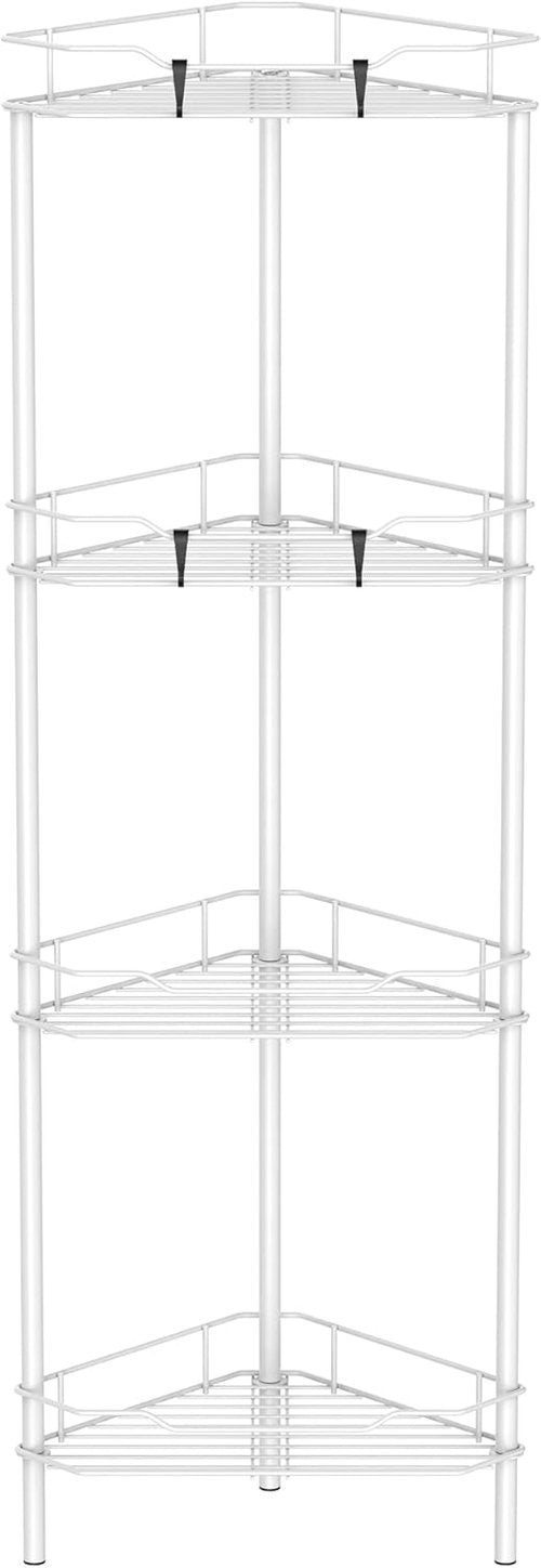 HuggieGems Corner Shower Caddy Organizer - 4 Tier Floor Standing Shelf with Hooks | White Bathroom Rack