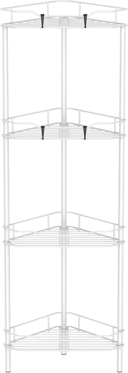 HuggieGems Corner Shower Caddy Organizer - 4 Tier Floor Standing Shelf with Hooks | White Bathroom Rack