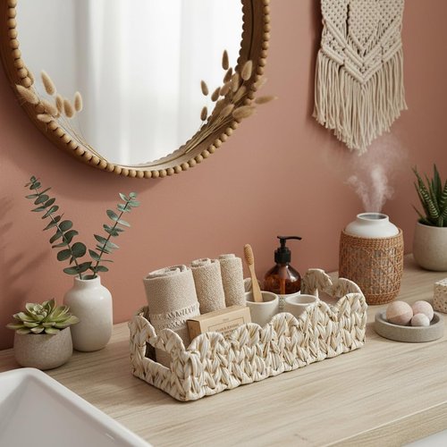 Coeusy Scalloped Toilet Paper Storage Basket - Boho Wicker Decor for Bathroom & Living Room