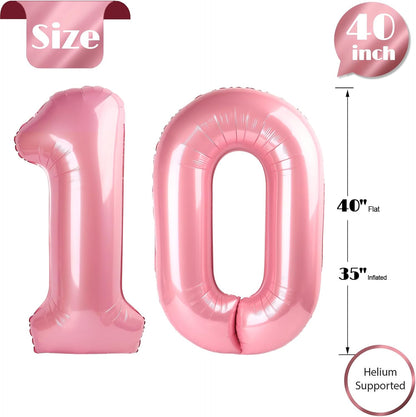 Pearlescent Pink Number 10 Balloons - 40 Inch 10th Birthday Decorations for Girls