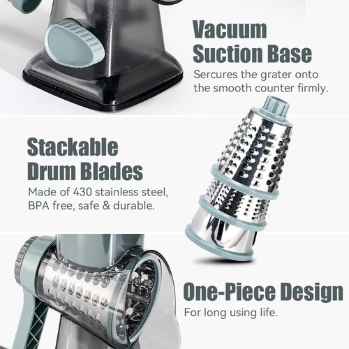 KEOUKE Rotary Cheese Grater - Hand Crank Shredder with 3 Stainless Steel Blades | Safe Kitchen Tool for Cheese, Veggies, Nuts, Chocolate