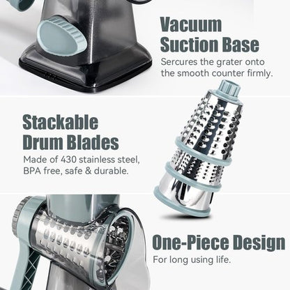 KEOUKE Rotary Cheese Grater - Hand Crank Shredder with 3 Stainless Steel Blades | Safe Kitchen Tool for Cheese, Veggies, Nuts, Chocolate