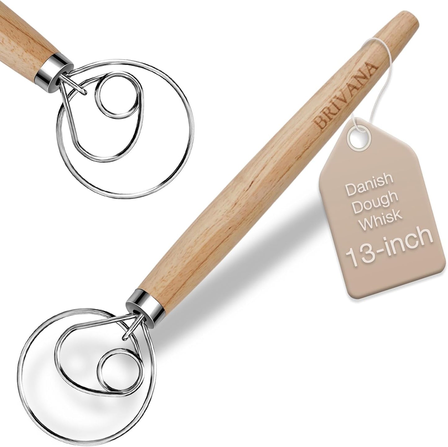 Skiennix Danish Dough Whisk - 13-Inch Stainless Steel Mixer with Wooden Handle for Sourdough & Pizza Dough