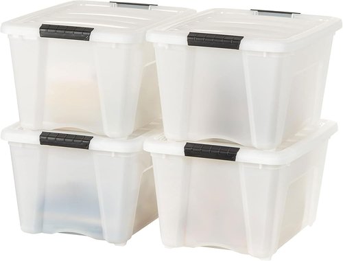 IRIS USA Stackable Storage Bins - 32 Quart Plastic Containers with Latching Lids | 8 Pack, Pearl Color