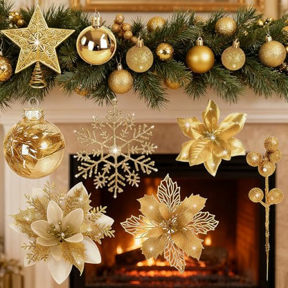 Gold Christmas Tree Decorations Set - 76 Pieces Holiday Ornaments & Poinsettia Flowers