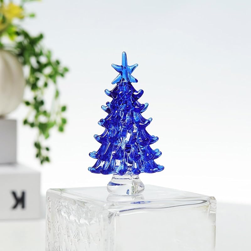 Blue Hand Blown Glass Christmas Tree Figurine - 1.38in Glass Ornament, Variation: Blue