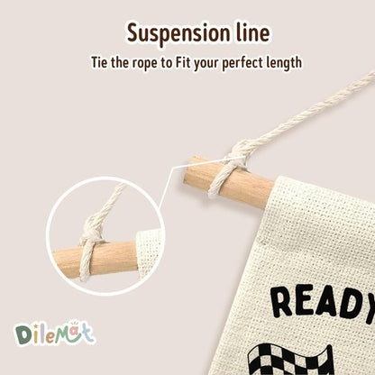Dilemat Race Car Room Decor for Boys Linen Pennant Banner - Ready Set Go Racing Pennant Flag Banner Wall Hanging Decor for Car Room Decor for Boys Playroom Nursery