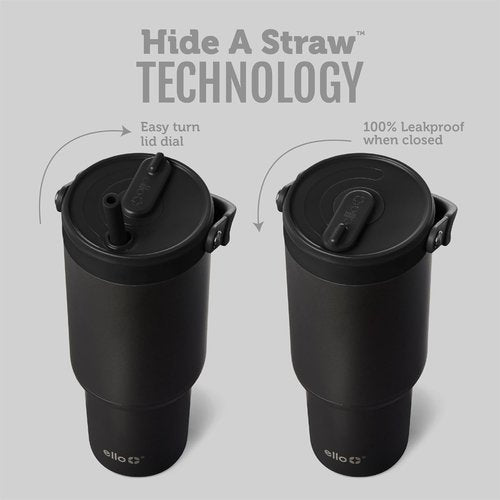 Ello Oasis Go+ 26oz Tumbler - Reusable Insulated Stainless Steel Cup | 100% Leakproof, Travel-Friendly, Black