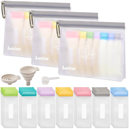 Protein Powder Travel Container Set, Reusable Protein Powder Container To Go, 21Pcs Single Dose Bags & 3Pcs Large Zip Bags, Portable Supplement Storage Containers with Funnel, Spoon
