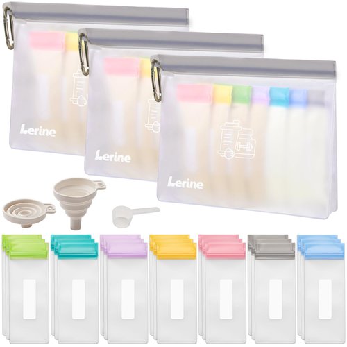 Protein Powder Travel Container Set, Reusable Protein Powder Container To Go, 21Pcs Single Dose Bags & 3Pcs Large Zip Bags, Portable Supplement Storage Containers with Funnel, Spoon