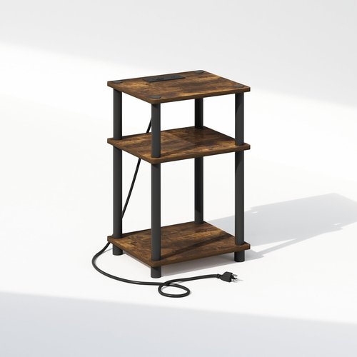 Furinno JUST Night Stand, 3-Tier Turn-N-Tube Nightstand with Charging Station, Bedside Table, End Table, Side Table with USB and Type-C Charging Port, for Bedroom, Closet, Dorm, Amber Pine