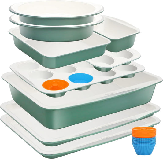 Skiennix Ceramic Nonstick Baking Pans Set - 33 PCS Stackable Bakeware, 550°F Oven Safe, Dishwasher Safe (Green)