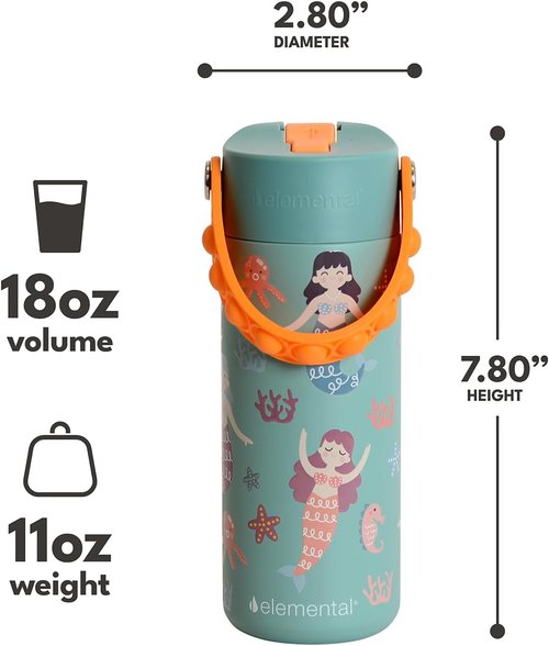 Elemental Kids Insulated Water Bottle - Stainless Steel, Leak-Proof with Straw Lid & Pop-It Handle, 18oz | Mermaid Sisters