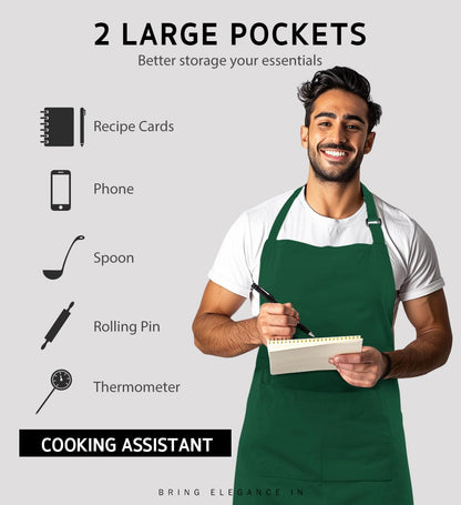 Syntus 2 Pack Adjustable Bib Apron Waterdrop Resistant with 2 Pockets Cooking Kitchen Aprons for BBQ Drawing, Women Men Chef, Dark Green