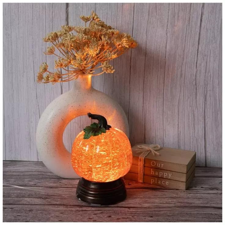 Lighted Pumpkin Snow Globe with LED Warm Orange Light, Gold Glitter Fall Decor