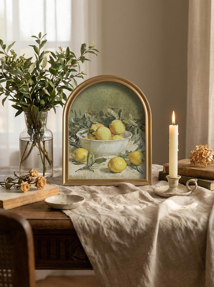 TwoDays Vintage Rustic Lemon Wall Art - Gold Arched Wood Frame Canvas Picture for Kitchen & Dining Room (11" x 13.8")