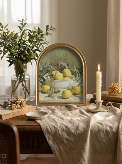 TwoDays Vintage Rustic Lemon Wall Art - Gold Arched Wood Frame Canvas Picture for Kitchen & Dining Room (11" x 13.8")