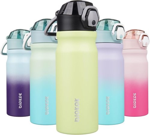 BJPKPK Insulated Water Bottle - 18oz Stainless Steel Flask with Straw & Carry Handle | Macaron Green