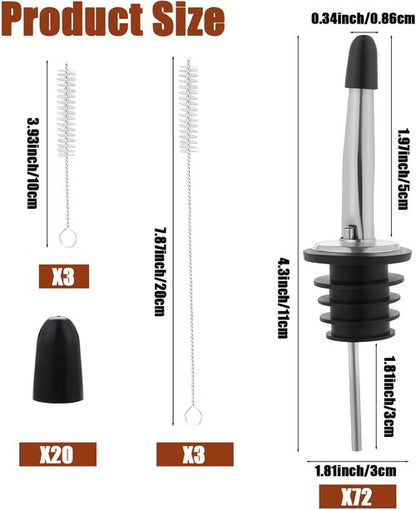 72 Pcs Stainless Steel Pour Spouts for Liquor Bottles with Rubber Dust Caps Tapered Bottle Pourers for Alcohol Olive Oil Wine Syrup Whiskey Bar Bartending Accessories