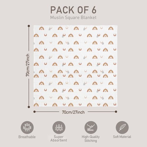 GLLQUEN Baby Receiving Blanket - Soft Cotton Muslin Swaddle for Newborns | 6 Pack in Sun Design