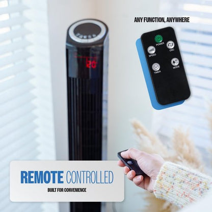 Hazel 49 Inch Tower Fan for Bedroom - Oscillating Standing Fan with Remote Control, Quiet Cooling for Home Office & Living Room, 3 Speeds, Timer, LED Display - Black