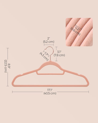SONGMICS Velvet Hangers - Set of 60 Non-Slip Clothes Hangers with Rose Gold Swivel Hook | Coral Pink, 17.1-Inch