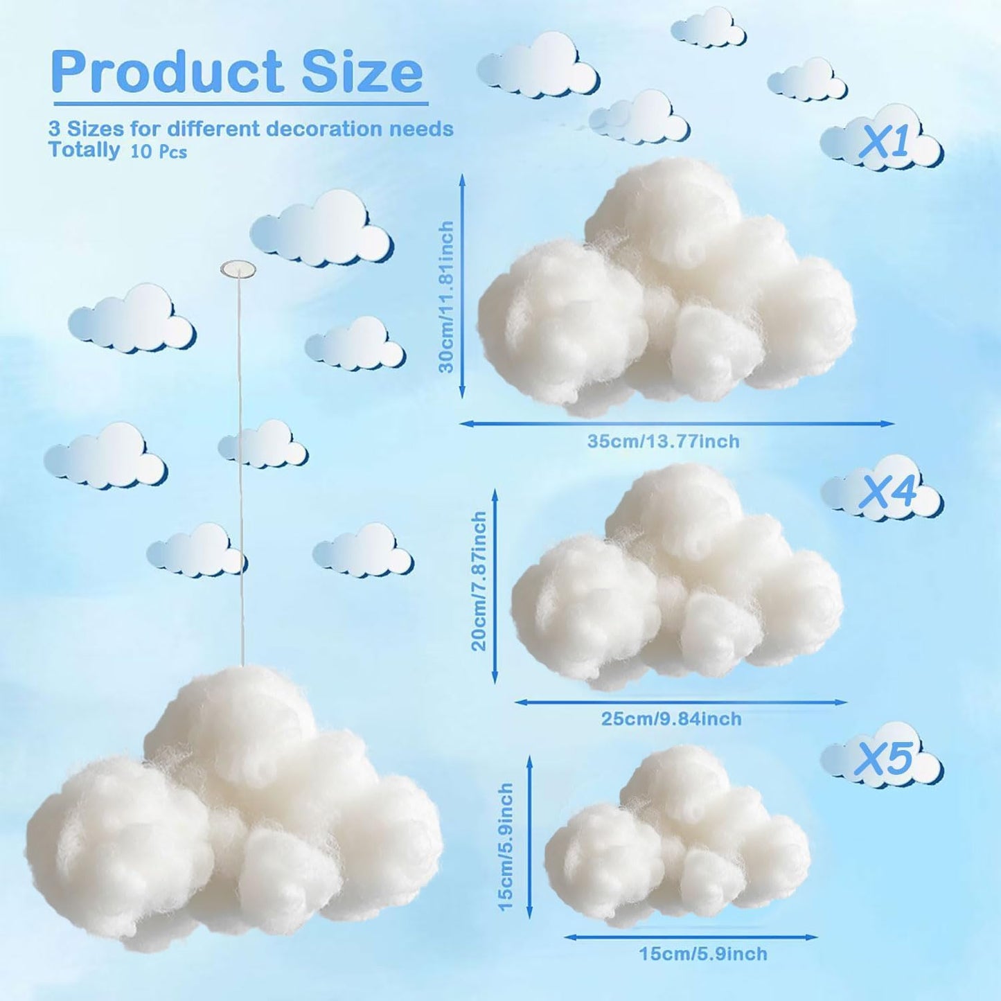 Skiennix 10-Piece Cotton Cloud Decorations - 3D Hanging Props for Wedding & Party Decor | Small, Medium & Large Sizes