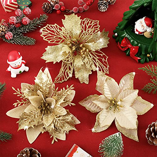 Gold Christmas Poinsettia Tree Decorations Set - 24 Glitter Artificial Flowers with Clips