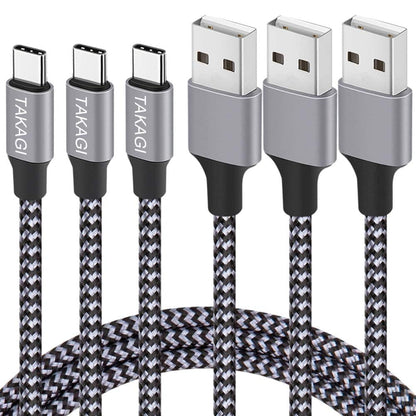 TAKAGI USB to USB-C Cable - Fast Charging 6ft Nylon Braided Data Sync Cord | 3-Pack for iPhone & Galaxy