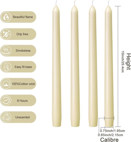 Everymoment Ivory Taper Candles - Dripless & Smokeless 10-Inch Candlesticks | 4-Pack Unscented Cream for Weddings & Home Decor