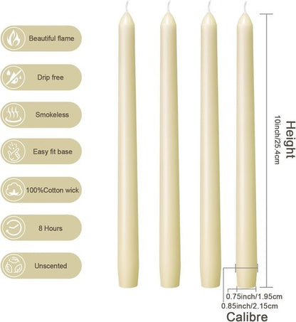 Everymoment Ivory Taper Candles - Dripless & Smokeless 10-Inch Candlesticks | 4-Pack Unscented Cream for Weddings & Home Decor