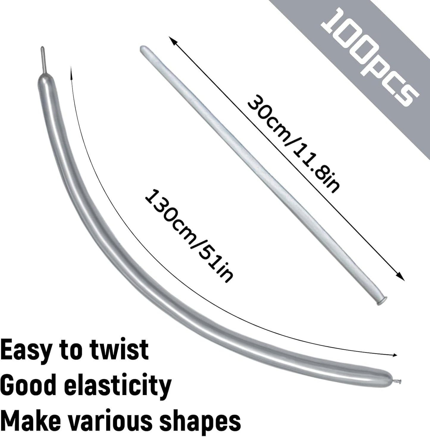 Skiennix 100Pcs Metallic Silver Long Balloons - Skinny Latex Twisting Balloons for Animal Modeling & Party Decor