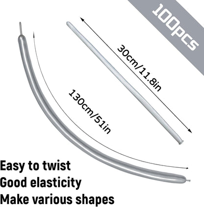 Skiennix 100Pcs Metallic Silver Long Balloons - Skinny Latex Twisting Balloons for Animal Modeling & Party Decor