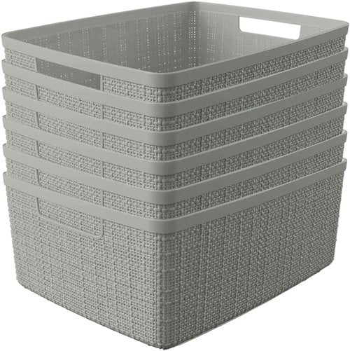 Curver Decorative Storage Baskets Set of 6 - Medium 12L Jute Bins for Home, Office & Kitchen | Grey