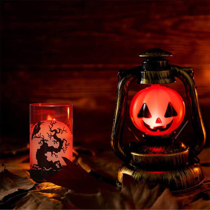 Eldnacele Halloween Flickering Candles with Witch, Crow Raven, Castle Decals, Red Glass Battery Operated Flameless LED Candles with Remote, Real Wax Candle Set of 3 Halloween Decorations