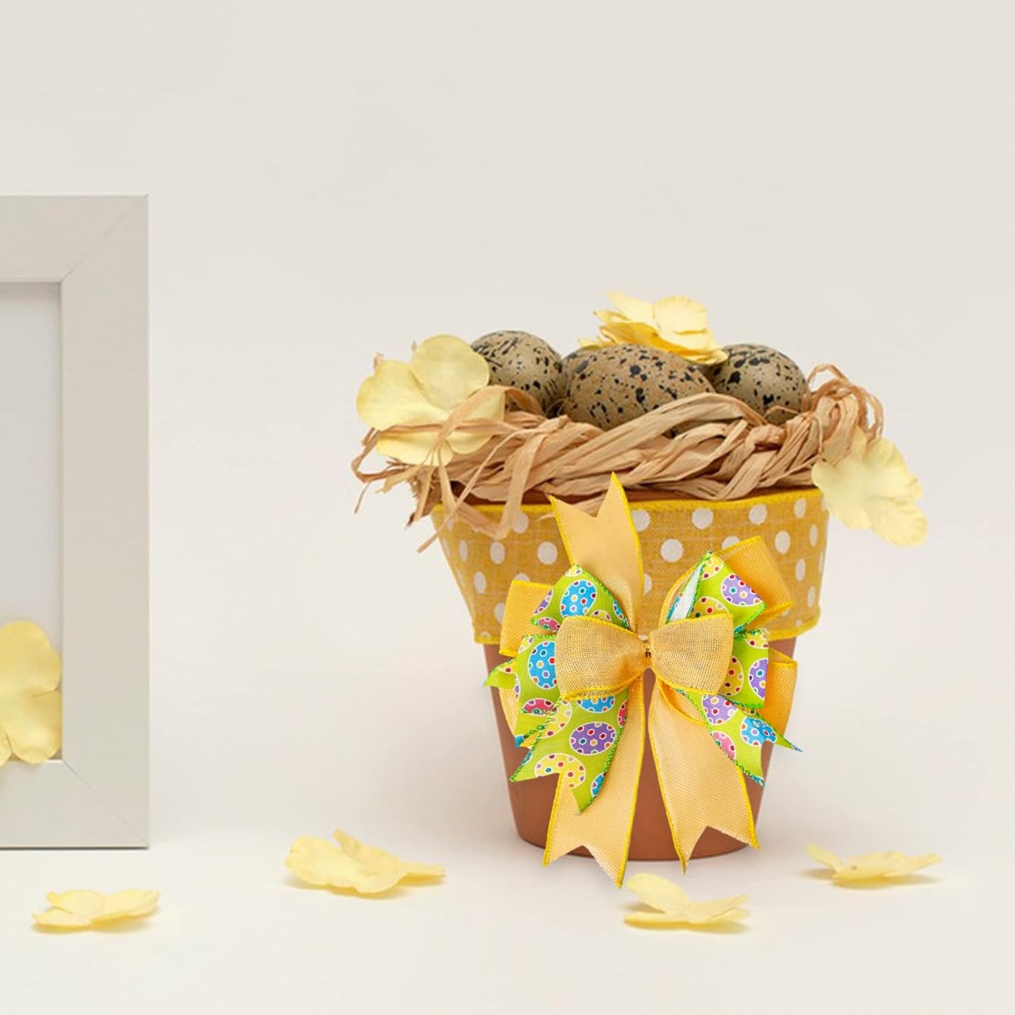 SIMISI Ribbon Easter Wreath Bow - Yellow Egg Basket Ornaments for Home Decor | 9.5 x 13 Inch