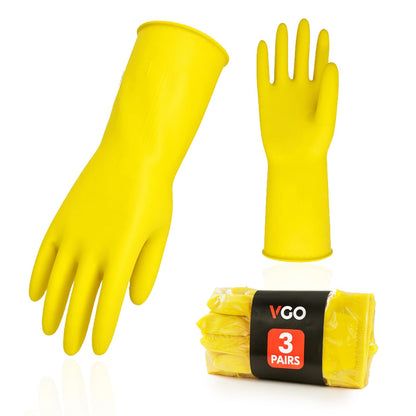 Vgo... 3-Pairs Reusable Household Gloves, Rubber Dishwashing gloves, Extra Thickness, Long Sleeves, Kitchen Cleaning, Working, Painting, Gardening, Pet Care (Size XL, Yellow, HH4601)