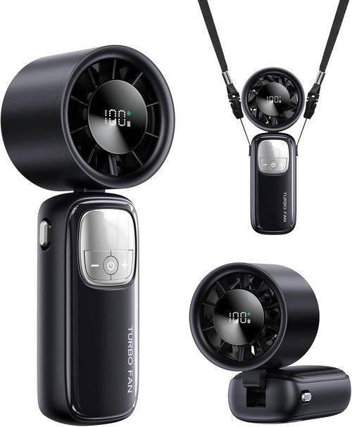KIMMOO 3-in-1 Portable Handheld Turbo Fan - 100 Speeds, 15000 RPM, 10-Hour Cooling, LED Display | Black Mini Travel Fan