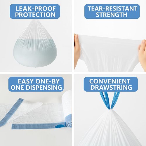 JILLICK 4 Gallon Small Trash Bags with Drawstring & Handles, 100 Pack - White Garbage Bags for Bathroom Office Dorm - Strong Leak-Proof Bin Liners, Individual Bags on Roll, No Tearing
