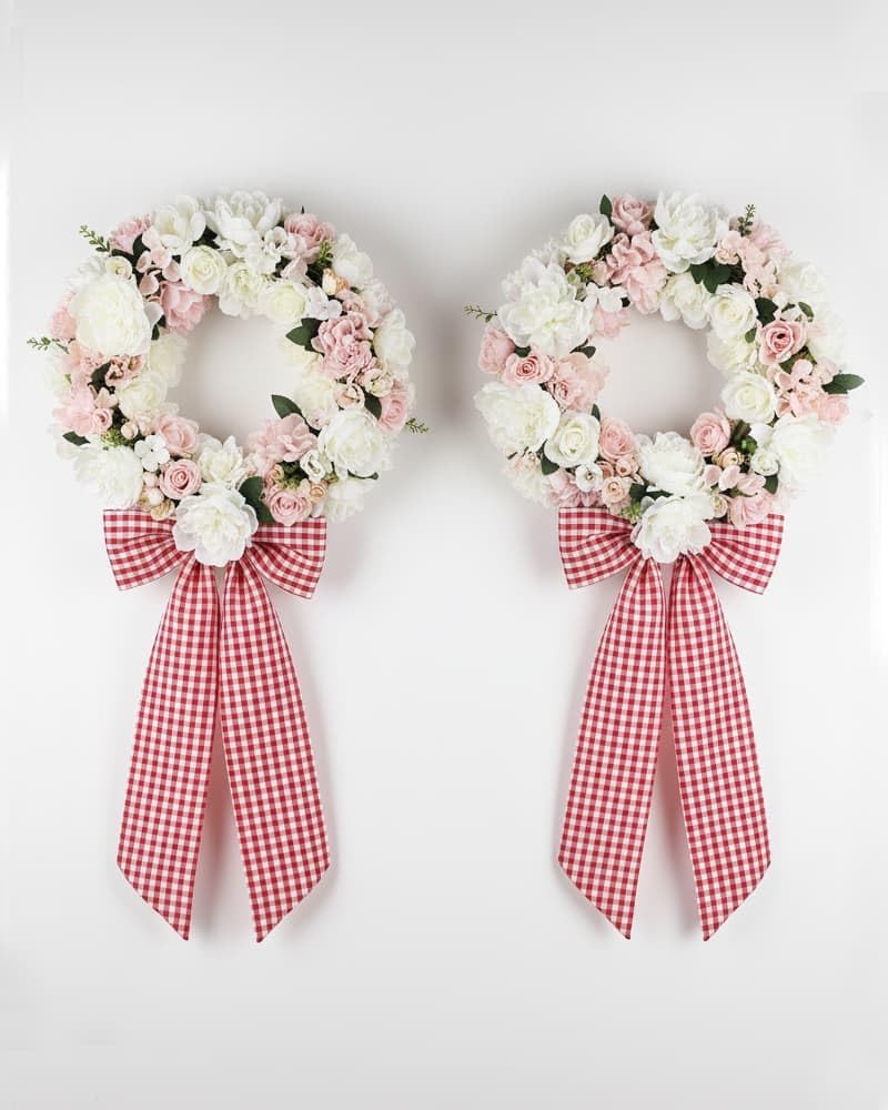 Regine Switzerland Wreath Sash 2-Pack - Red White Checkered Plaid Bow Ribbon Bundle for Holiday Decor (5.12" x 54.33")