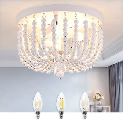 SUNOVO Beaded Chandelier Light Fixture, Boho Light Fixtures Ceiling White, Wood Bead Flush Mount Ceiling Light, 3-Lights Bead Ceiling Lights for Bedroom, Dining Room, Hallway, Nursery Lighting