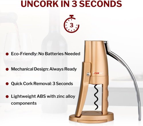 Forge Quality Compact Vertical Lever Corkscrew Wine Opener with Foil Cutter. 3 Seconds to Open a Bottle of Wine. Champagne Gold.