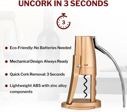 Forge Quality Compact Vertical Lever Corkscrew Wine Opener with Foil Cutter. 3 Seconds to Open a Bottle of Wine. Champagne Gold.