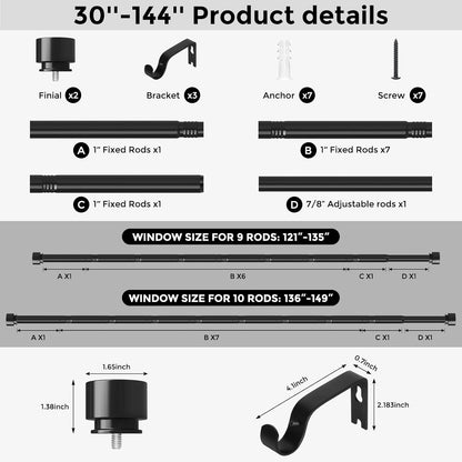 Skiennix Extra Long Curtain Rods - Heavy Duty 1 Inch Adjustable Window Treatment | 36-144 Inch, Black