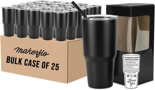 Makerflo 30 oz Black Powder Coated Tumbler - Pack of 25 with Upgraded Handle & Leak-Proof Lid | Ideal for Crafting & Personalization