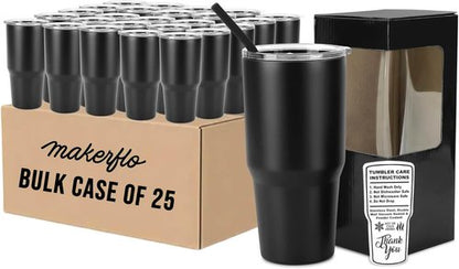 Makerflo 30 oz Black Powder Coated Tumbler - Pack of 25 with Upgraded Handle & Leak-Proof Lid | Ideal for Crafting & Personalization