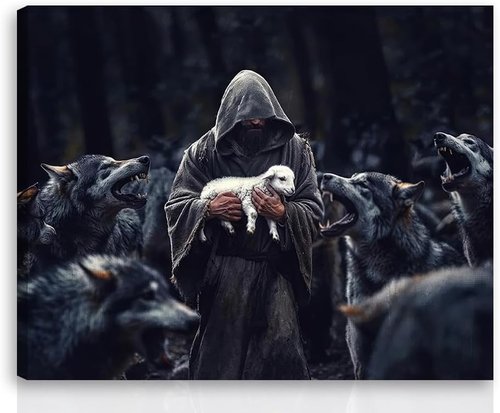 Jesus Saves - Protecting Lamb from Wolves Art | Christian Wall Decor Canvas Print 16"x24"