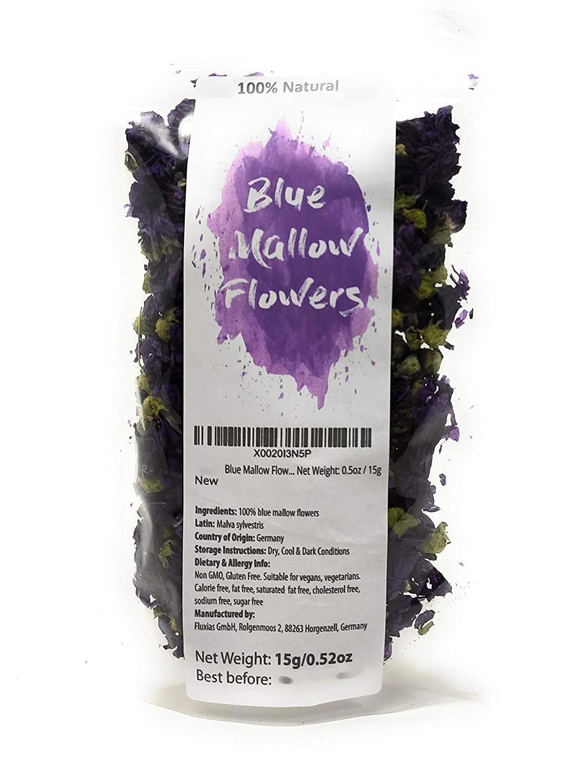 Dried Blue Mallow Flowers - 100% Natual Malva Sylvestris, Net Weight: 0.5oz / 15g - Color-Changing Blue Herbal Tea